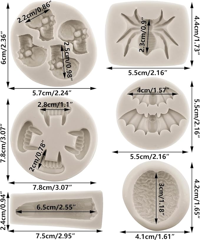 Halloween Silicone Mold Halloween Skull Fondant Molds Spider Bat Vampire Teeth Brain Finger Skeleton Head Molds For Cake Decorating Cupcake Topper Gum Paste Polymer Clay Set Of 6