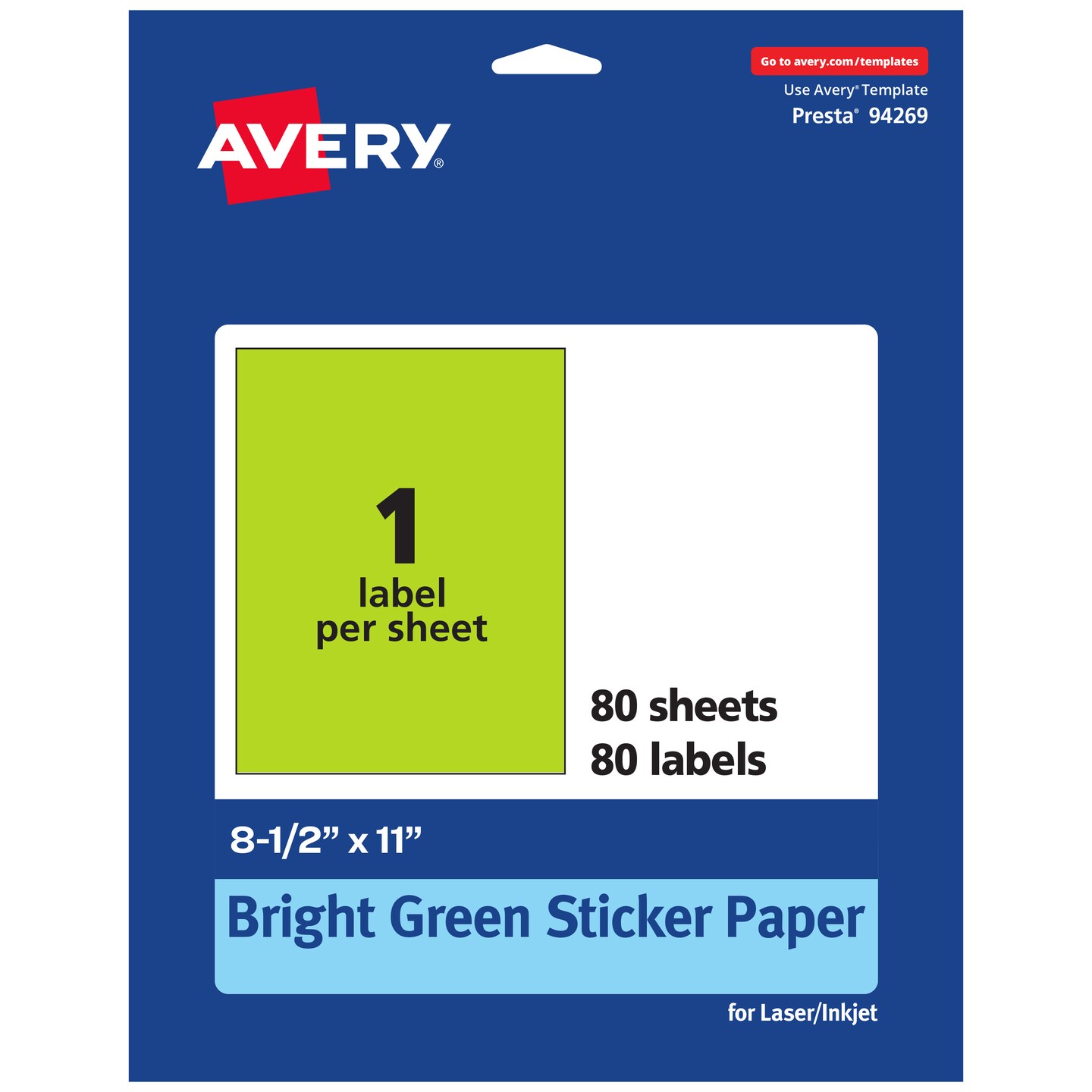 Avery Bright Green Sticker Paper, 8.5&#x22; x 11&#x22; Rectangle