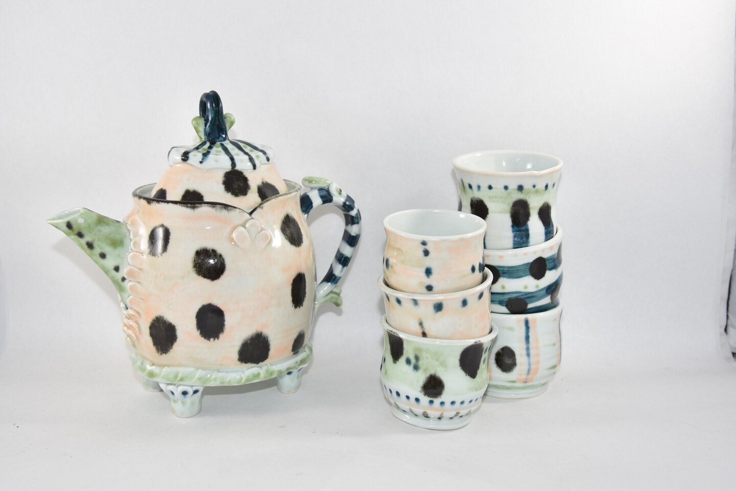 Whimsical Teapot Set with Six Tea Cups. Dots and Stripes. Alice in