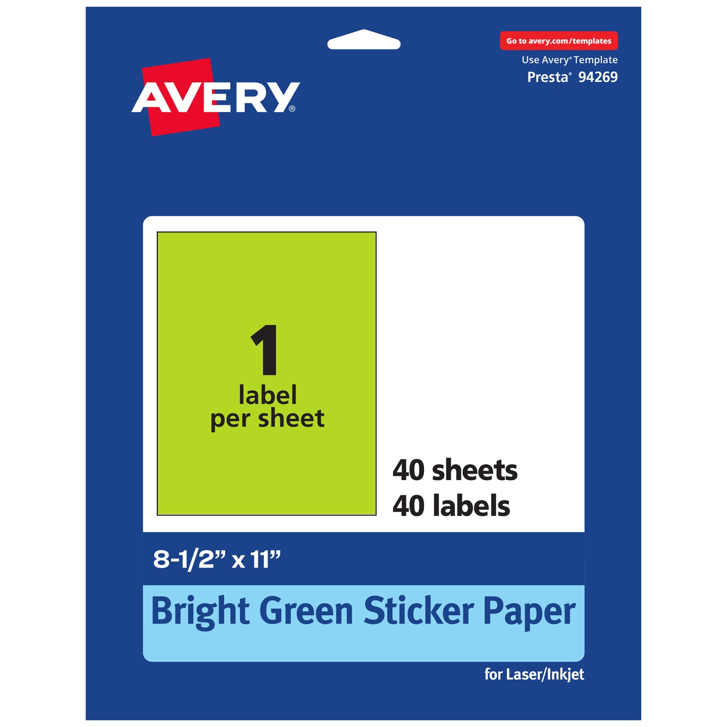 Avery Bright Green Sticker Paper, 8.5&#x22; x 11&#x22; Rectangle