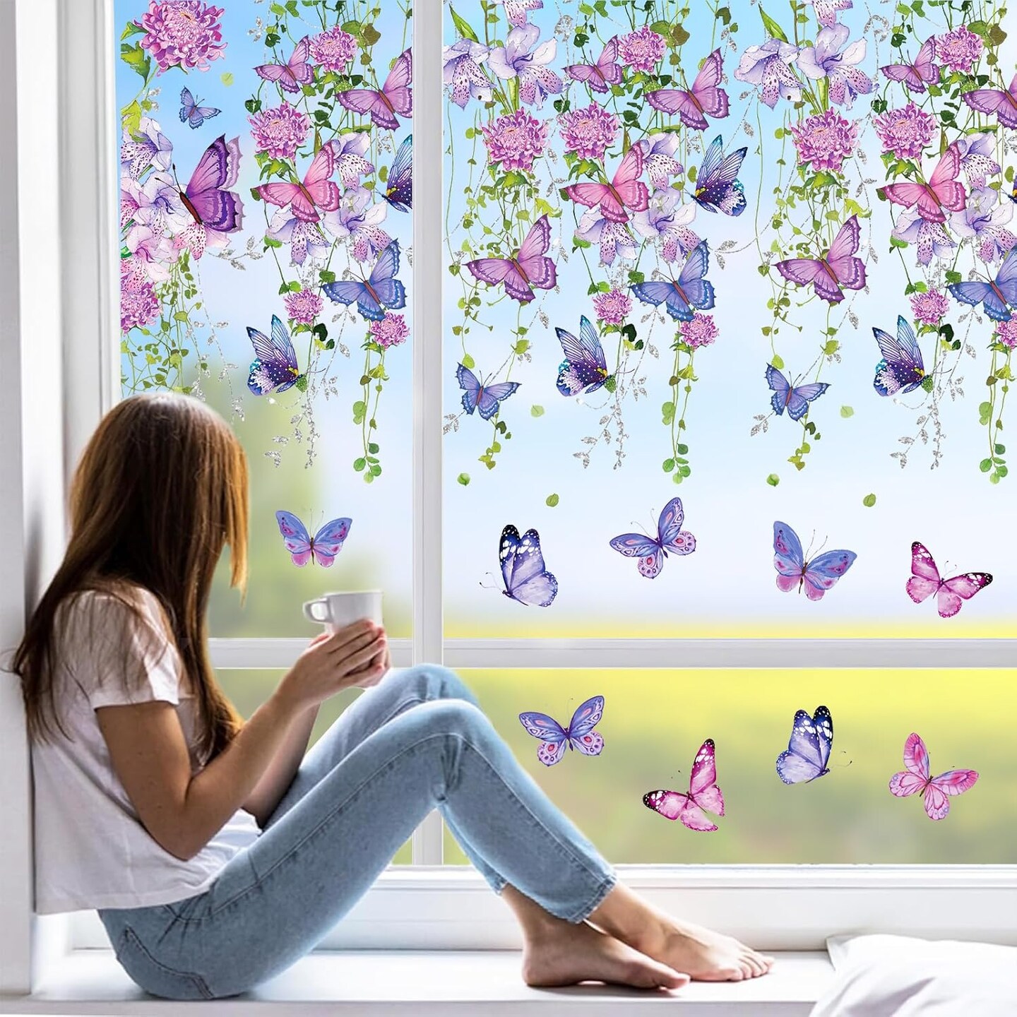 4 Sheet Spring Purple Floral Window Clings Watercolor Hanging Flower