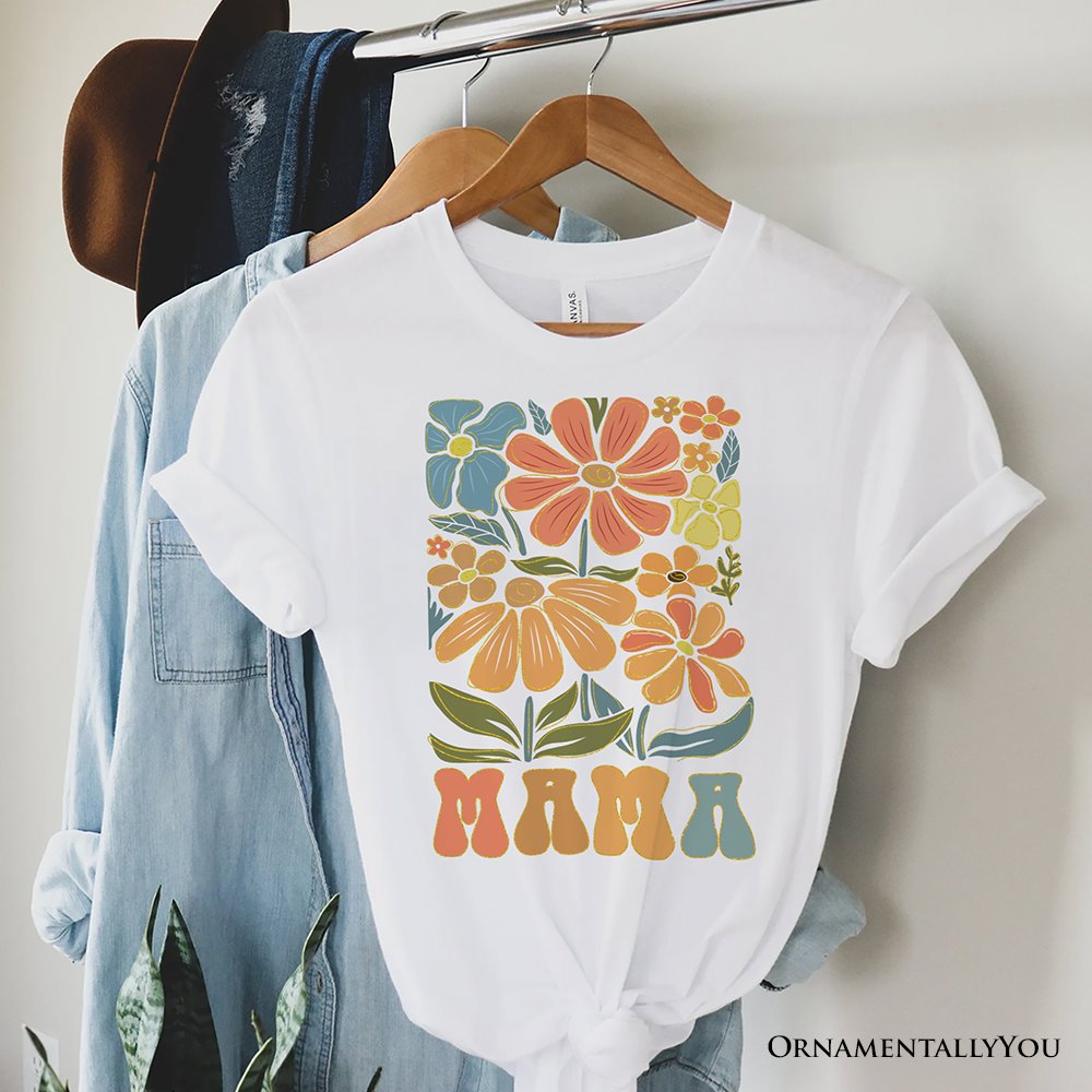 Boho Floral Mama T-Shirt, Natural and White Tee Large Flowers for Modern Moms