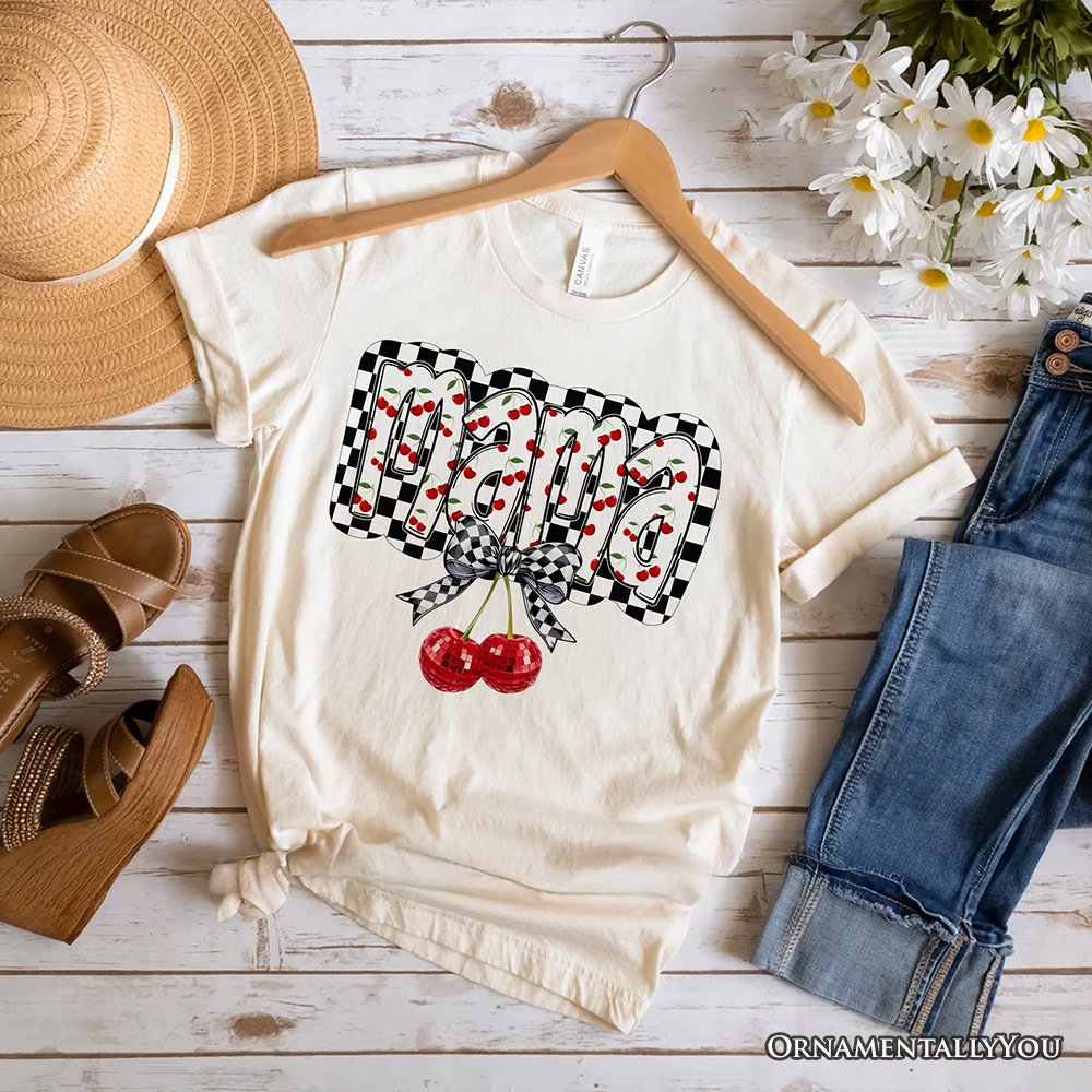 Checkered Cherry Disco Mama T-Shirt, White and Natural Coquette Bow Tee for Trendy Mothers