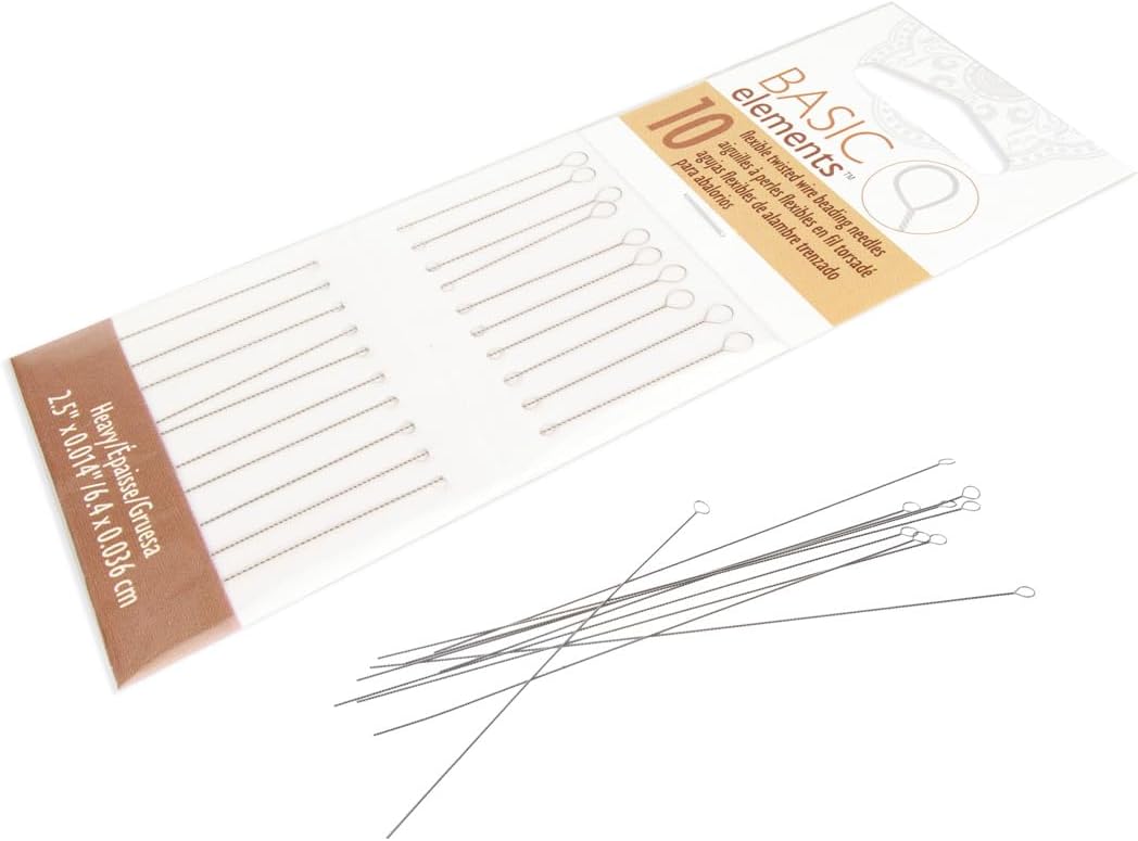 Basic Elements Twisted Wire Needles &#x2013; Heavy Flexible Beading Needle, Pack of 10 &#x2013; Large Round Eye and Easy to Thread &#x2013; Collapsible Eye Holds Threads &#x2013; Use for Pearl Knotting and Silk Cord