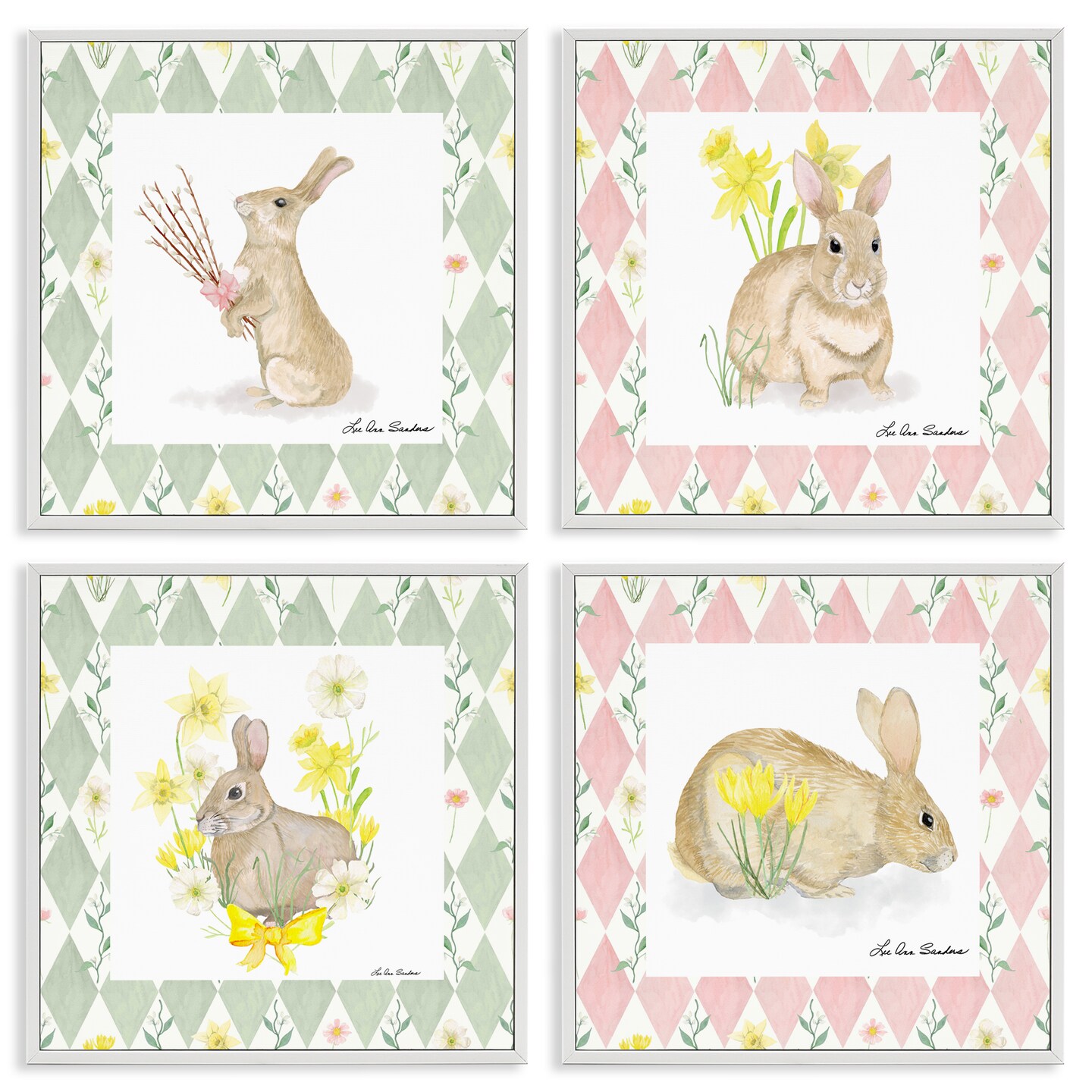 Stupell Industries Spring Bunnies on Argyle 4pc Framed Giclee Set, design by Lee Ann Sanders