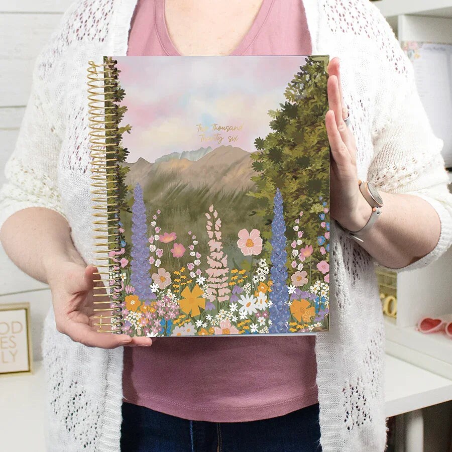 bloom daily planners 2026 Hard Cover Weekly & Monthly Planner, 8.5" x 11", Wildflower Mountainside