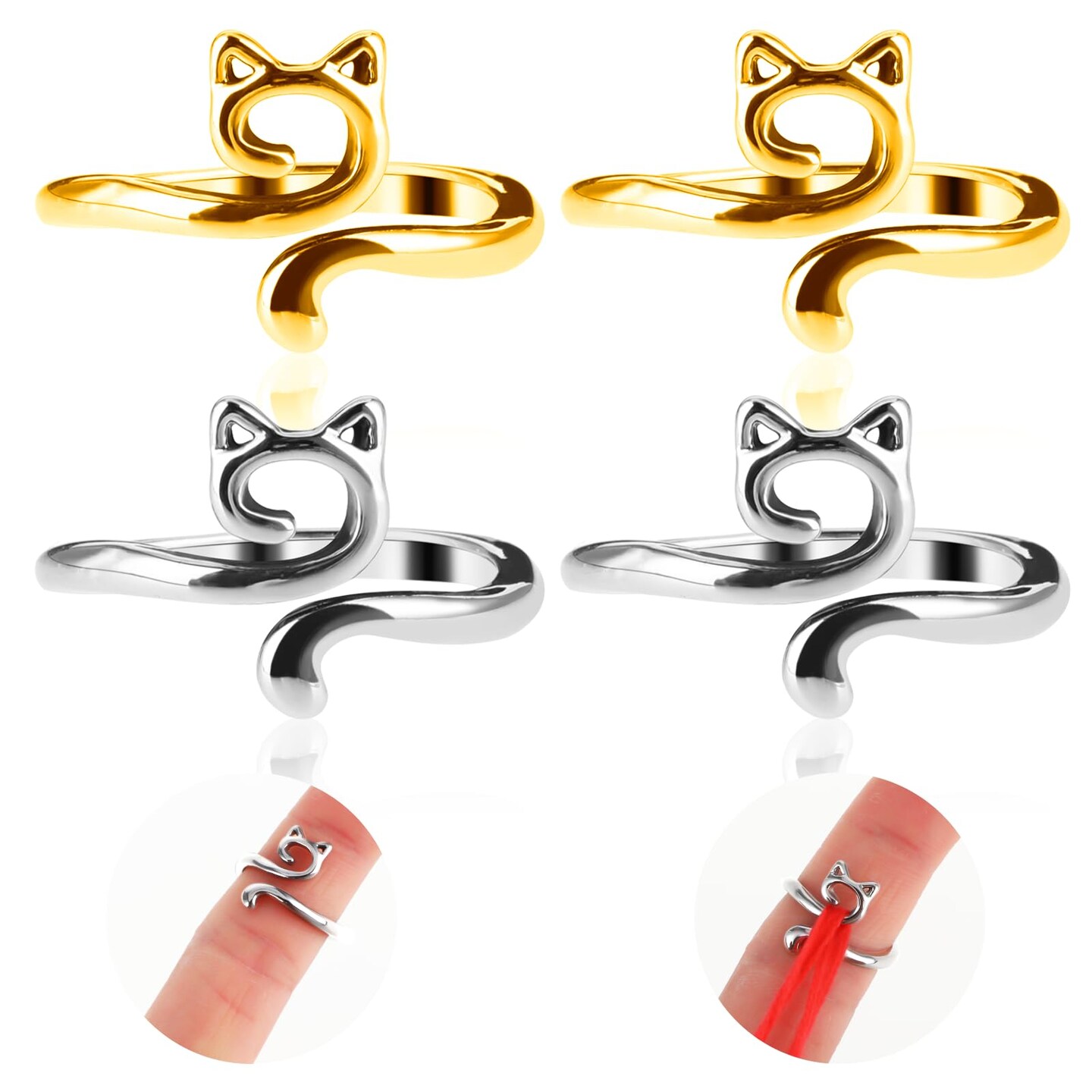 4pcs Knitting Crochet Loop Ring for Fingers Metal Open Yarn Guide Crochet Rings Adjustable Braided Faster Knitting Thimbles Holders Accessories for Crochet Mother Grandma Gifts (Gold Silver)