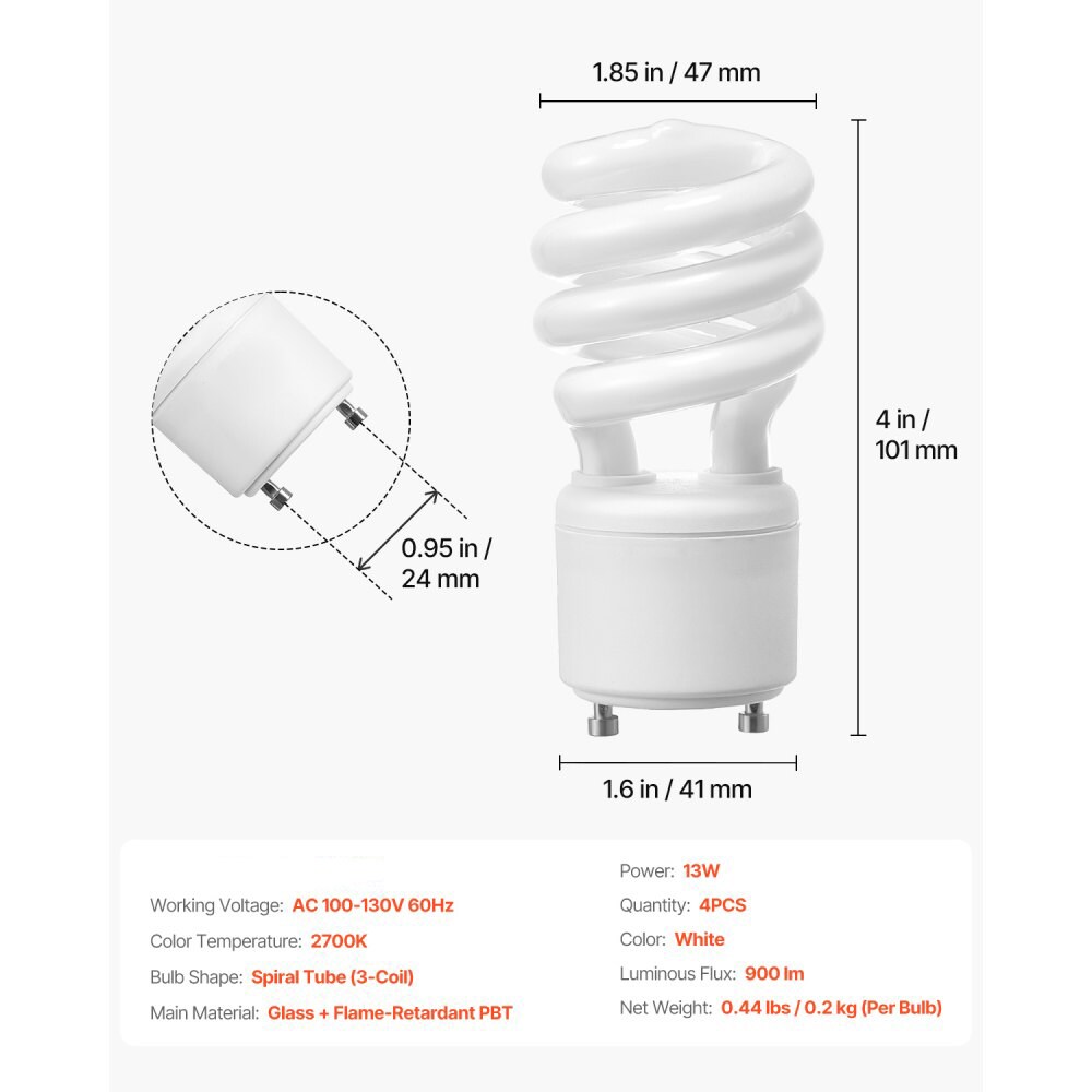 4-Pack CFL Light Bulbs, 13W, 2700K Warm Light, 900lm, Twist & Lock
