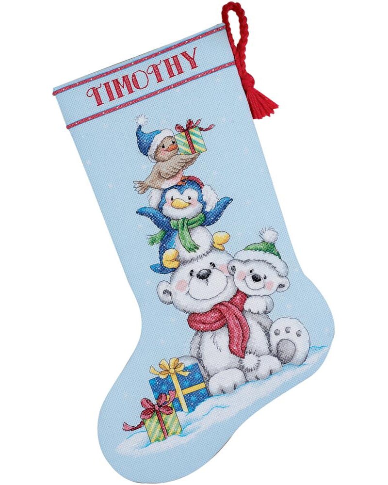 DIY Stack Critters Bear Penguin Christmas Counted Cross Stitch Stocking Kit