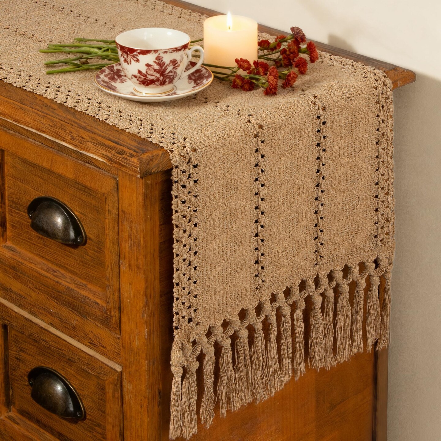 Brown Table Runner Boho Fall Burlap Coffee with Tassels 72 Inches Long for Farmhouse Home Decor Modern for Bohemian Dining Bedroom Decor Rustic Style