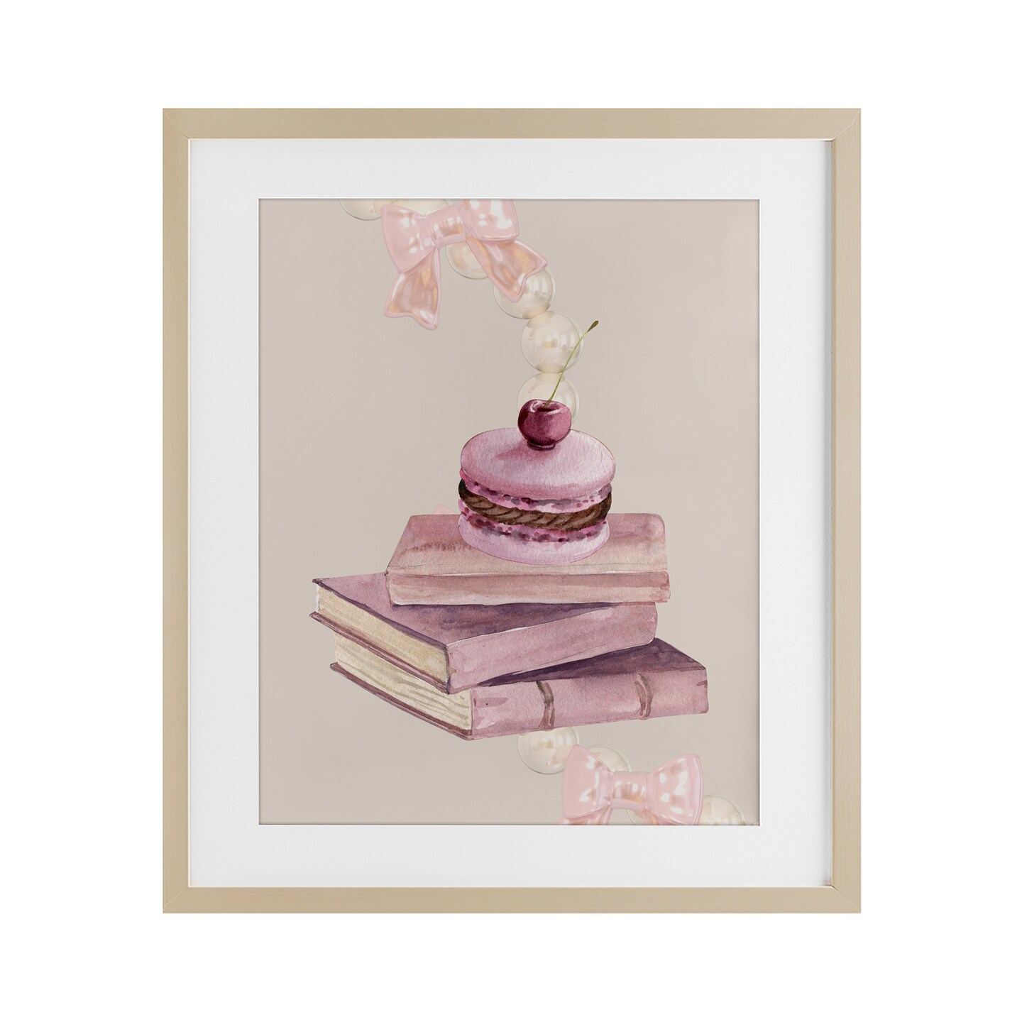 Stupell Industries Cherry Macaron on Book Stack Framed Print Under Glass, design by Jesse Keith
