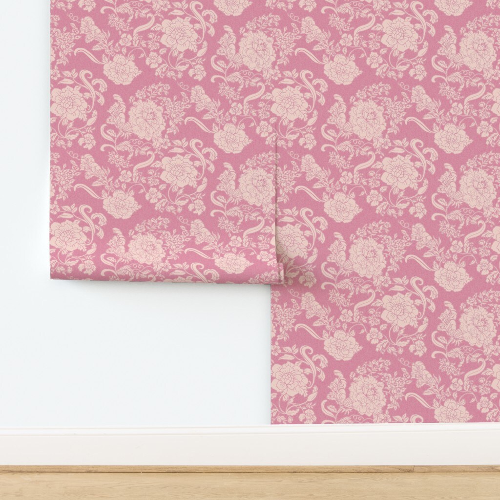 Vintage Rose Garden Flowers Floral Chintz Light Pink Large Scale Custom Pre-pasted Wallpaper by Spoonflower Pre-Pasted Wallpaper 2FT Wide