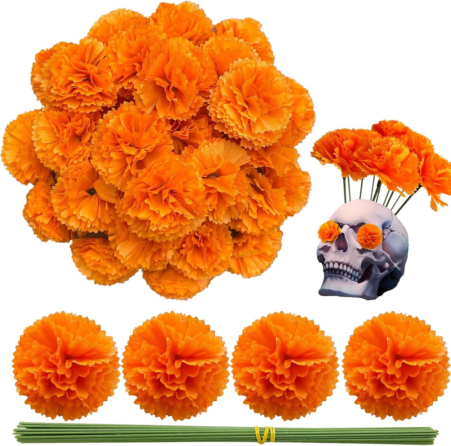 Mexican Marigold Artificial Flowers for Day of The Dead(Orange) 2"D x 2"W x 4"H