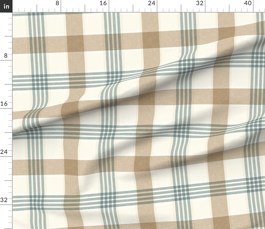 Preppy Traditional Classic Plaid Cabincore Blue Khaki Neutral Beige Lines Summer Cabin Lake House Lodge Modern Farmhouse Rustic Country Vintage Custom Printed Fabric by Spoonflower Various Fabrics by the Yard or Fat Quarter