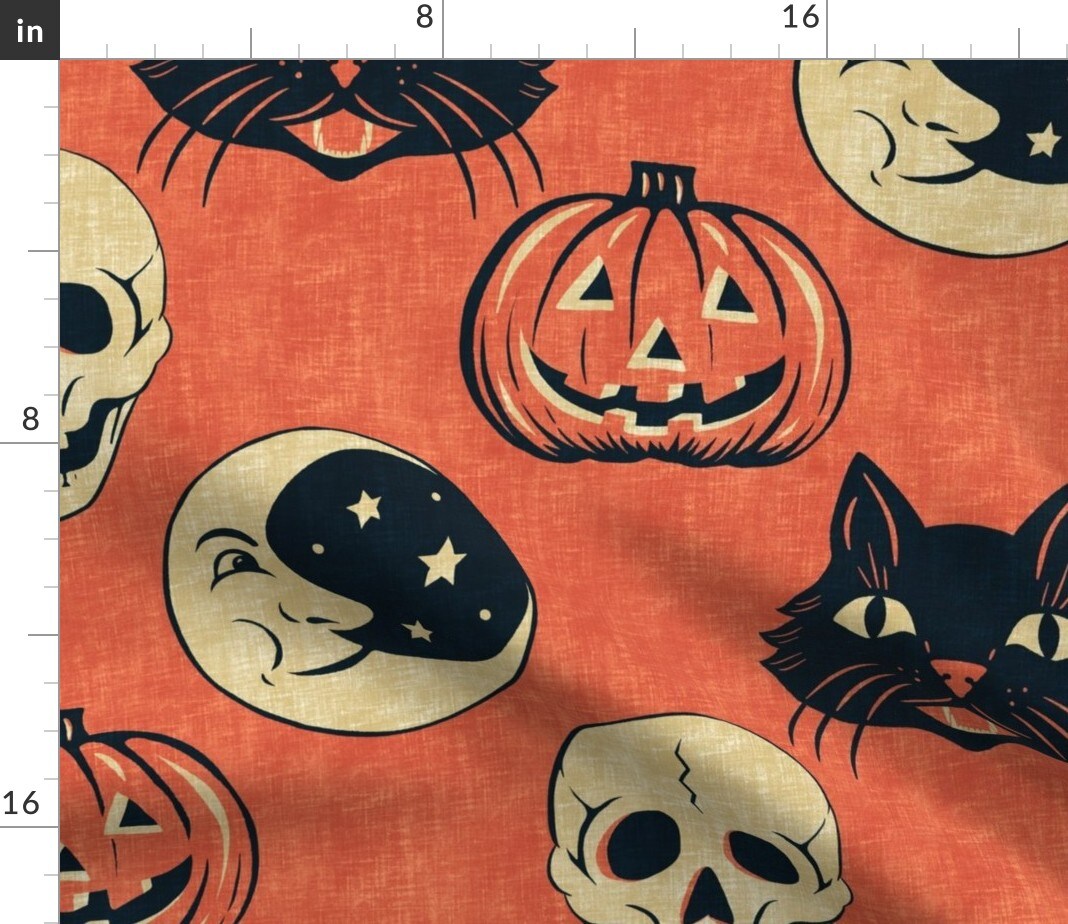 Jumbo Halloween Orange Pumpkins Black Cats Spooky Skulls Retro Moon Stars Custom Printed Fabric by Spoonflower Various Fabrics by the Yard or Fat Quarter
