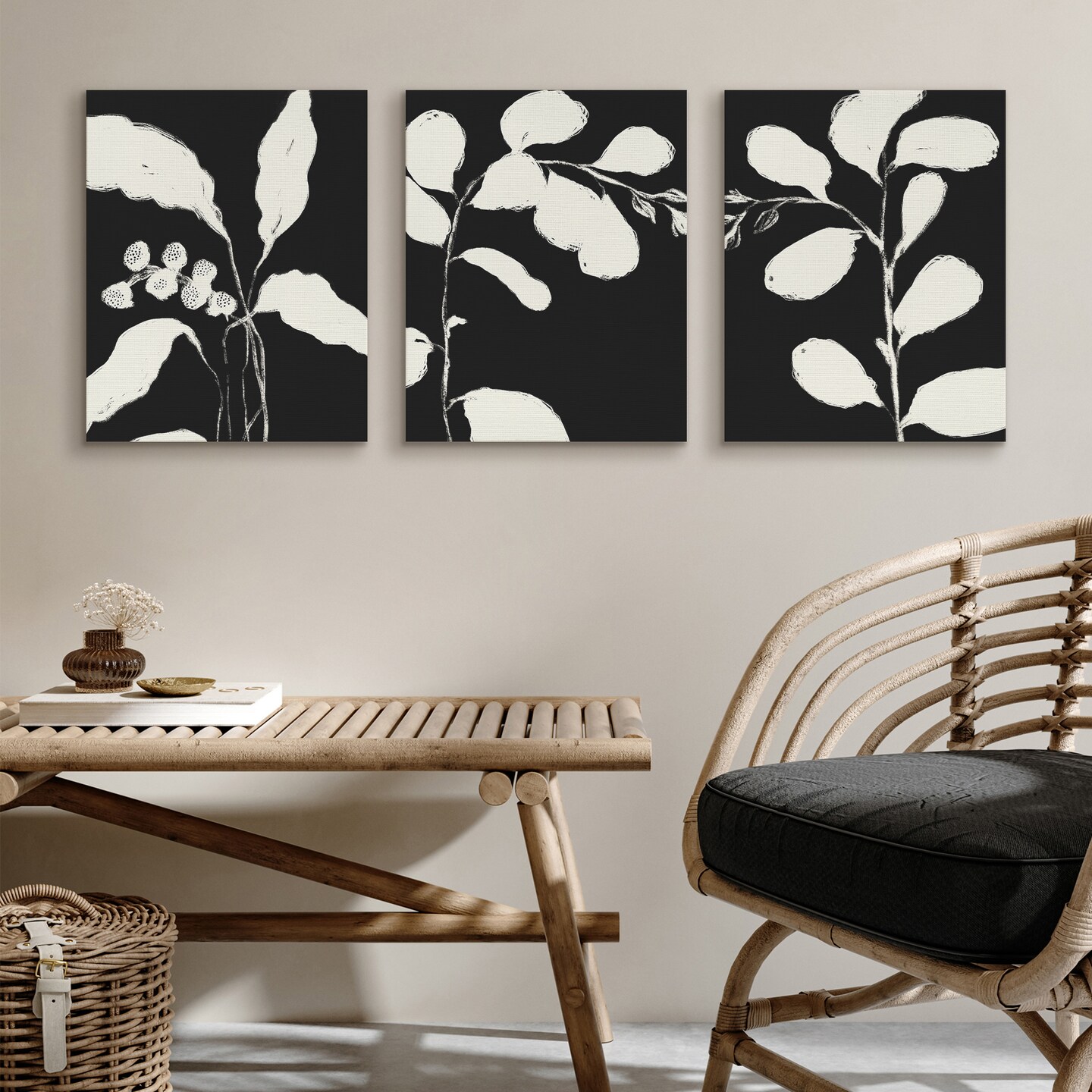 Americanflat Botanical Canvas Wall Art Featuring Cream Leaf Silhouettes - Black Background - Set of 3 - Gallery Wrap - Modern Wall Art
