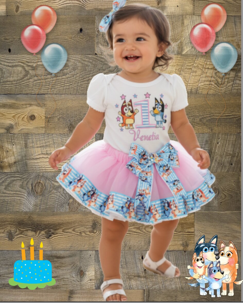 bluey dress birthday Baby Toddler Girls Pink Dog Tutu Outfit | Outfit Includes Tshirt or Onesie Ribbon Tutu and Matching Hair Bow | FREE SHIPPING! So why wait WK48Promo-US 11 Things You Wore Color:Rose Gold