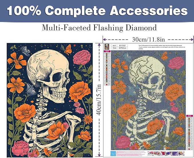 Skull Diamond Painting Kits for Adults Skeleton Diamond Art Kits for Beginners, Round 5d Gem Art Kits for Adult DIY Crafts Kits for Gift Home Wall Decor Gifts (12x16inch, B11062