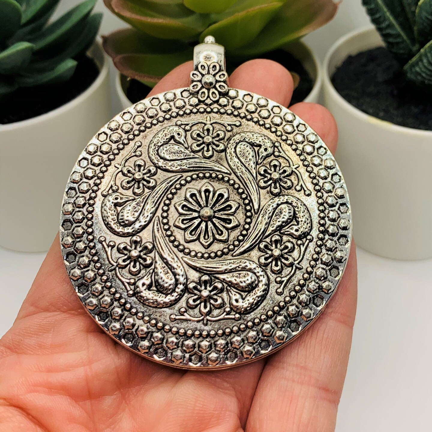 Large Silver Boho Pendant Charms, 71x59mm