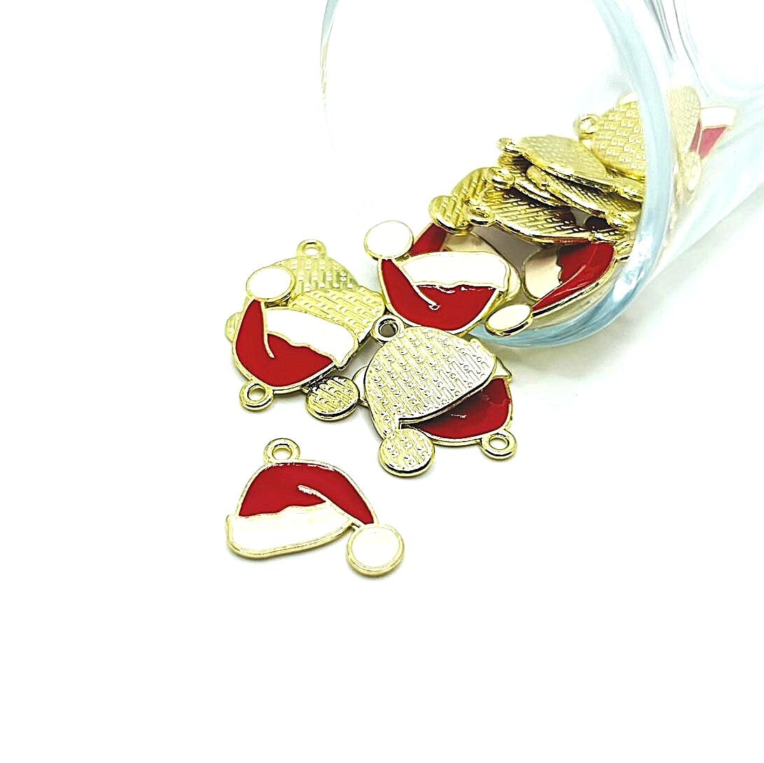 Red and White Enamel Santa Hat Christmas Charms, 19x21mm