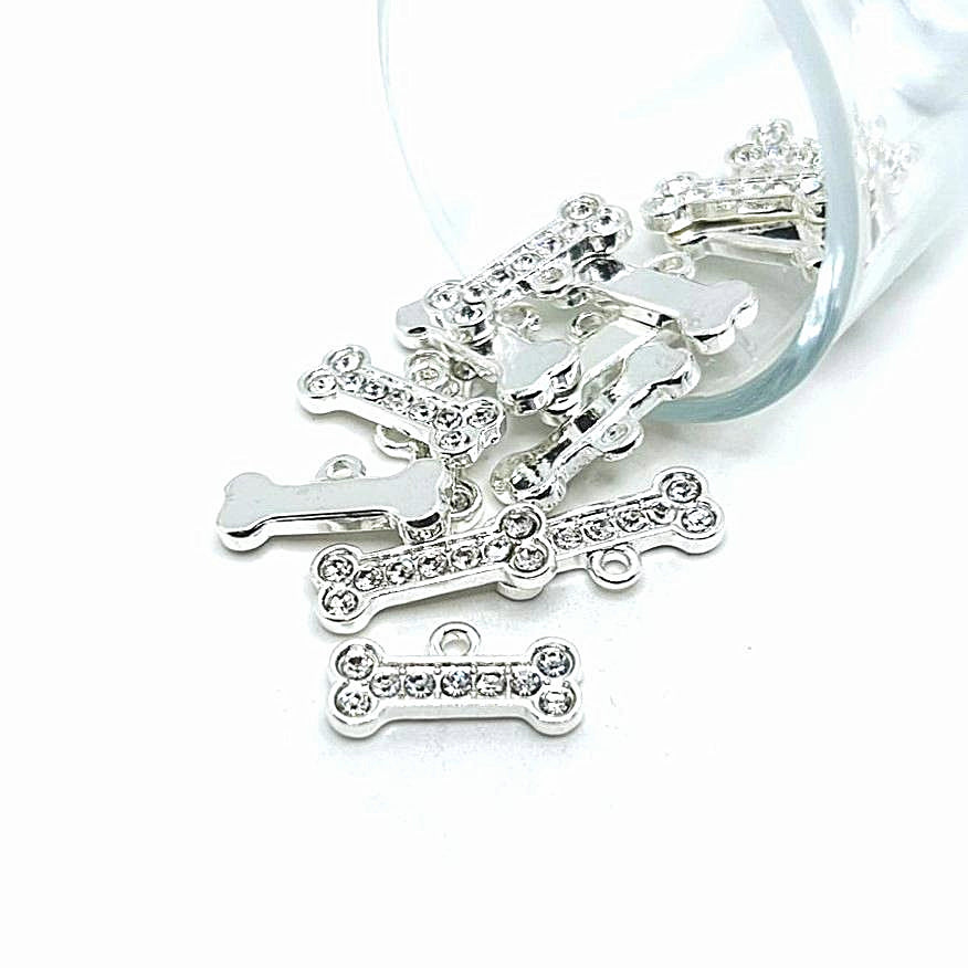 Rhinestone and Silver Dog Bone Charm, 20x8mm