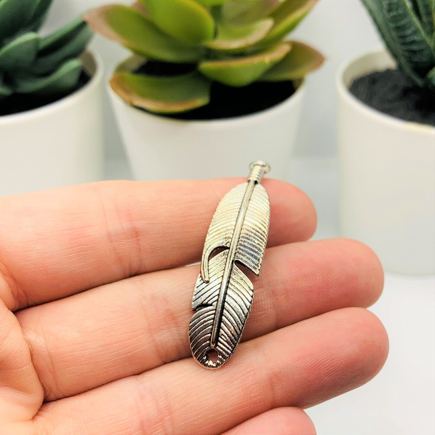 Silver Feather Connector Charms, 45x11mm
