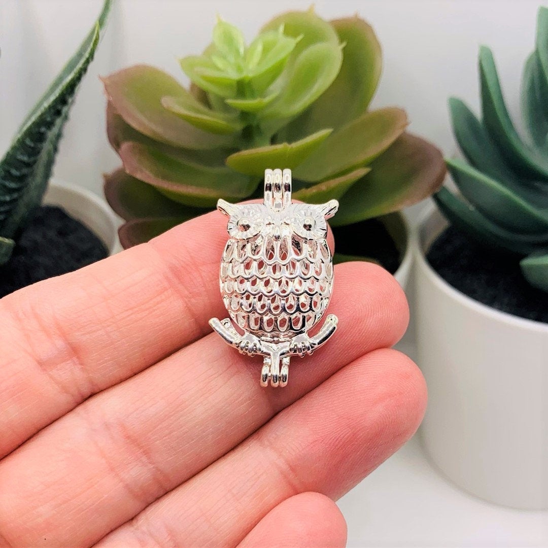 Silver Plated Owl Bead Diffuser Lockets, 17x28mm