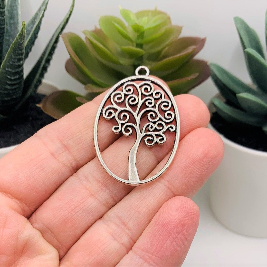 Silver Oval Tree of Life Pendants, 40x27mm