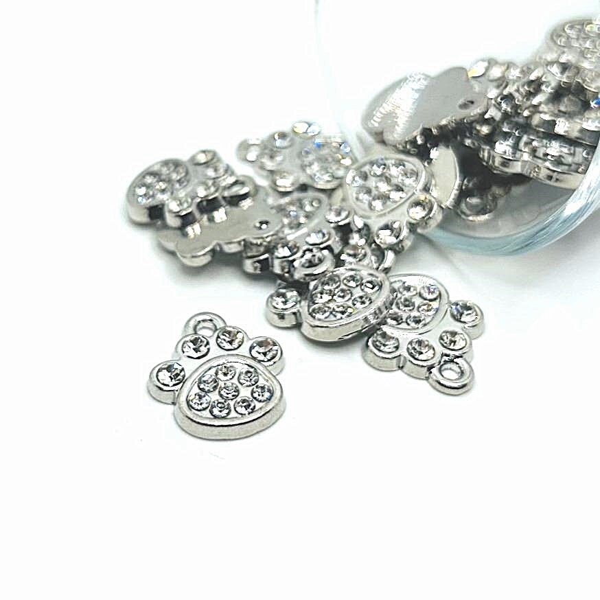 Diamond Rhinestones and Silver Dog / Cat Paw Charms, 18x16mm