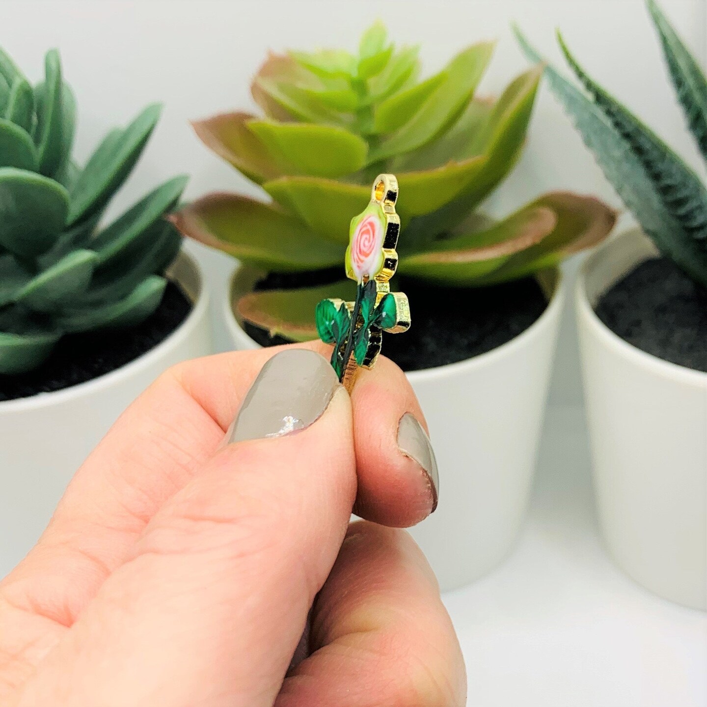 Pink and White Enamel Rose Charms, 29x20mm