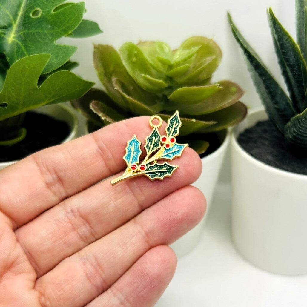 Enamel Christmas Mistletoe Holly Charms, 33x18mm