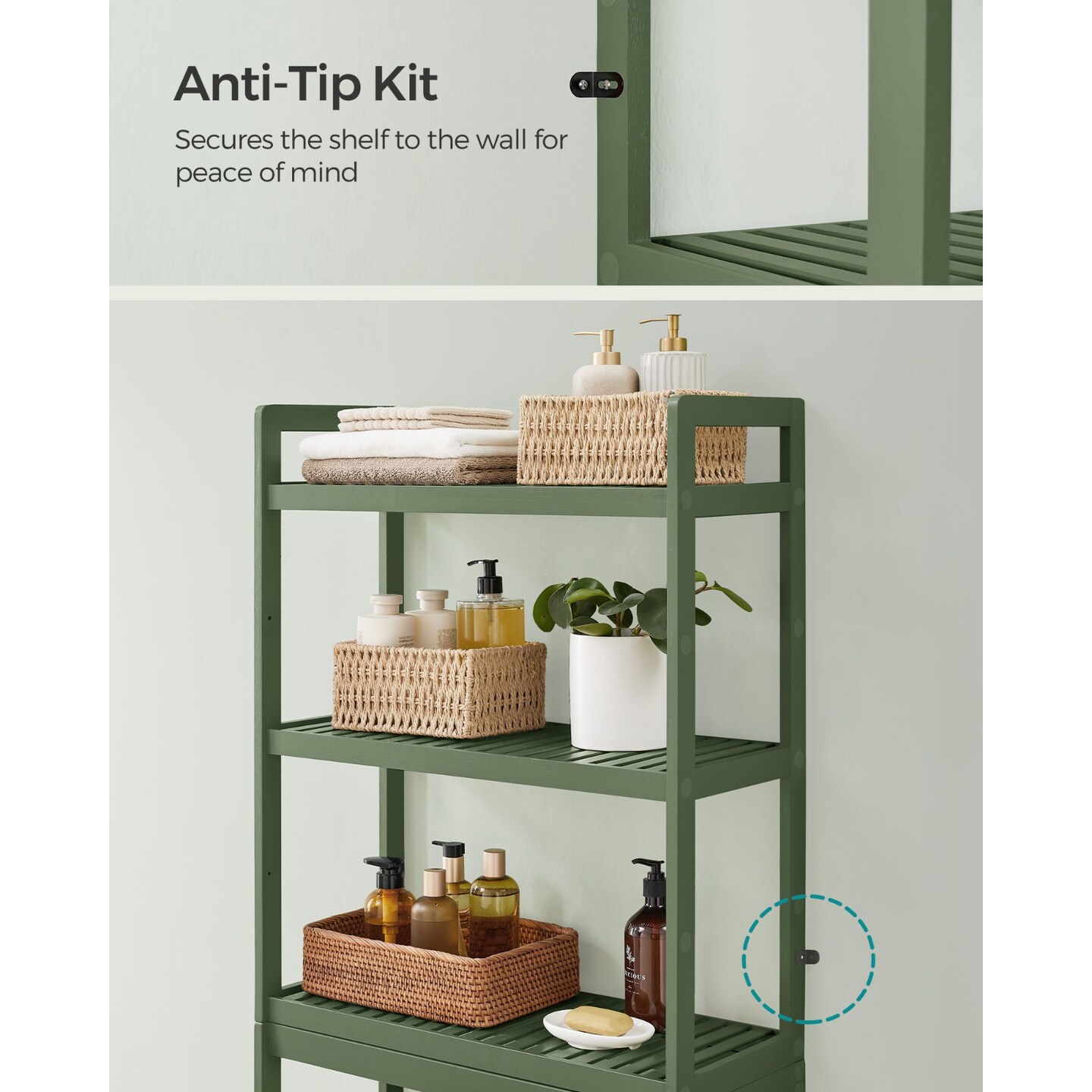 Bathroom Over Toilet Storage Rack 3 Tier wicker Organizer with Adjustable Height Shelf and Stable Anti Tip Wall Mount Design