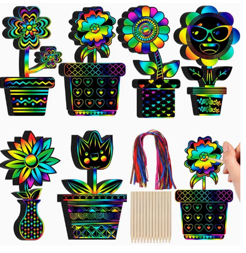 Scratch Flowers 48 Pcs Flower Scratch Art Kit for Kids – Rainbow Scratch Paper Flowers ...