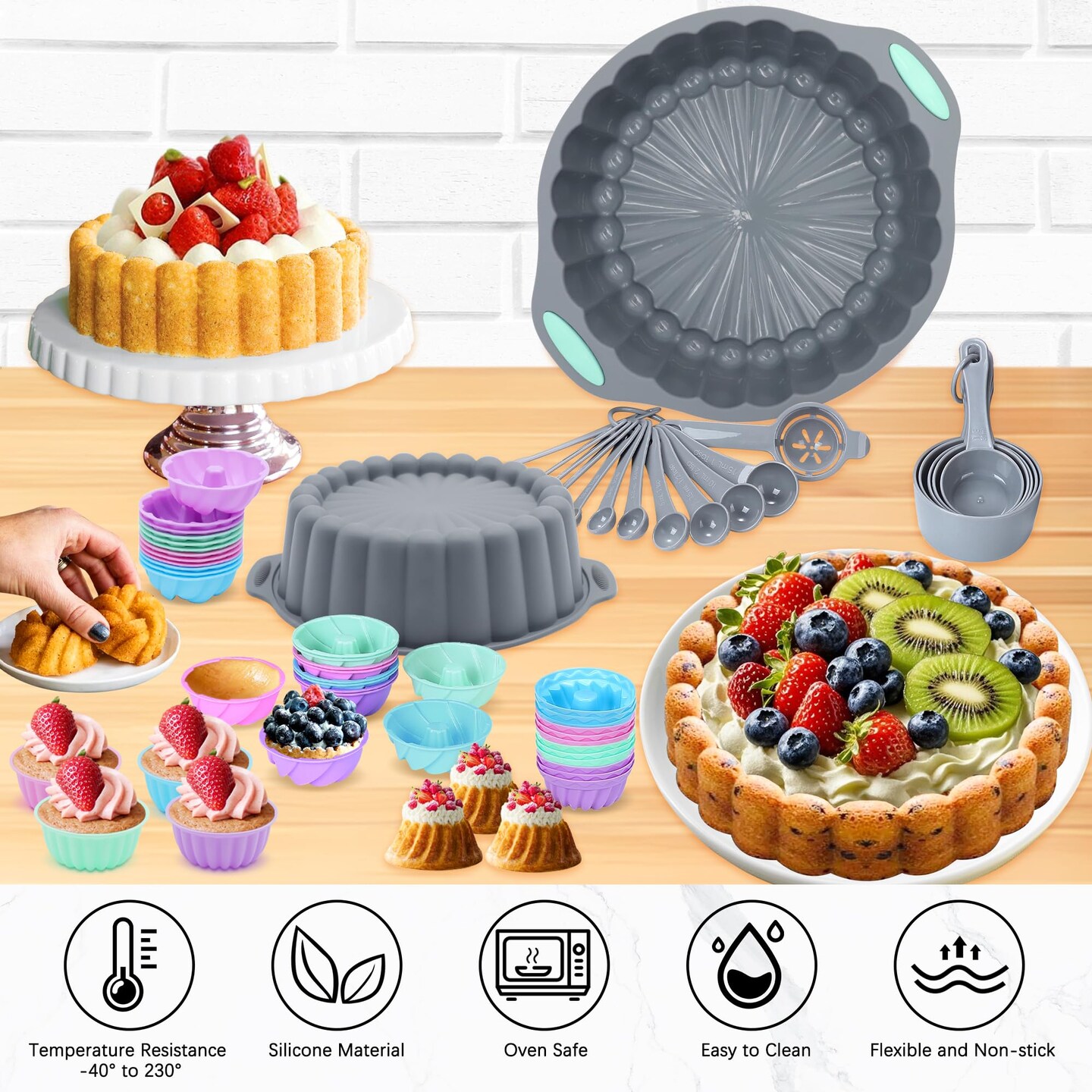 72 Pieces Silicone Bakeware Set, Nonstick Baking Pans Set, Easy Release Oven Silicone Pan for Kitchen with Cake Pans, Loaf Pans, Baking Cups, Measuring Cups and Spoons Set, Grey