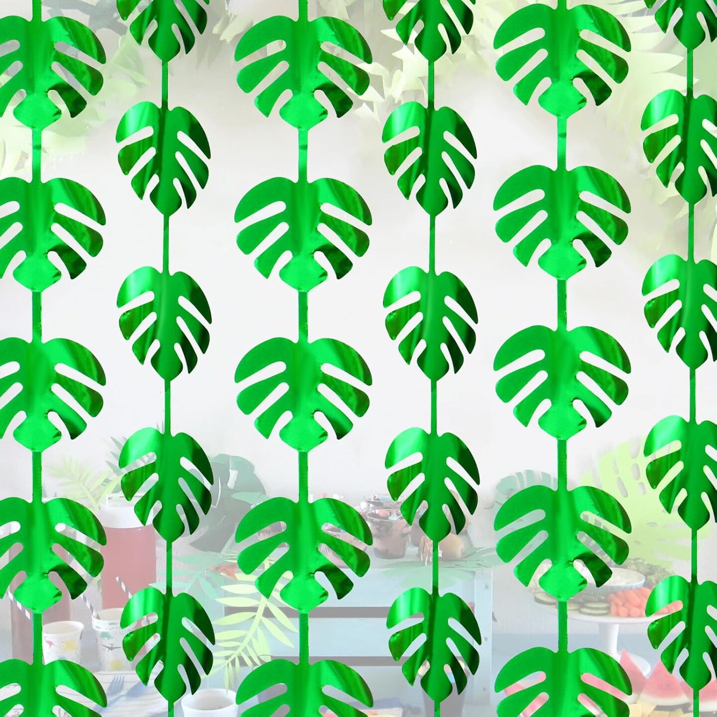 3Pcs Hawaiian Tropical Party Decorations Green Palm Leaves Garland 3.3X6.6Ft Foil Fringe Curtains Backdrops for Wild One Birthday, Safari, Luau, and Jungle Forest Dinosaur Parties