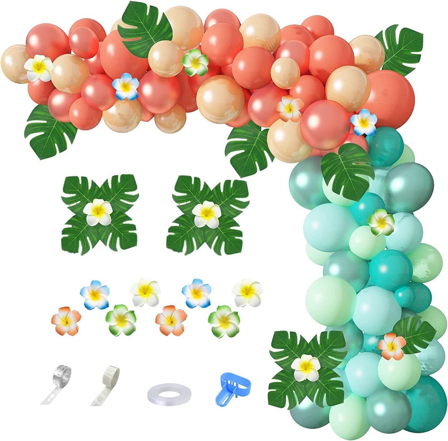 Tropical Balloon Garland Arch Kit, 12"10"5" Rose Gold Blush Blue Balloons Artificial Palm Leaves Plumeria for Magic Theme Birthday Party Supplies Baby Shower Hawaii Luau Party Decorations