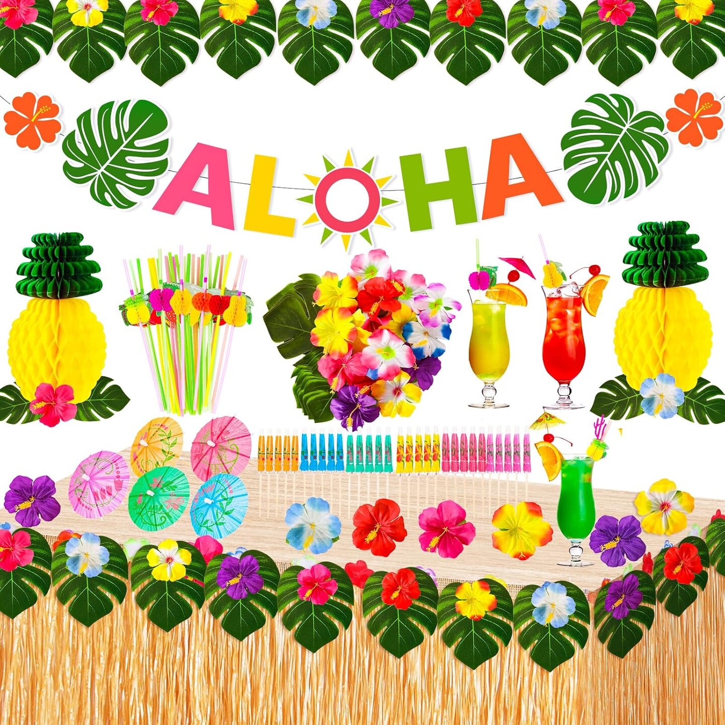 135 Pcs Luau Party Decoration Set Hawaiian Tropical Including 9 feet Hawaiian Luau Grass Table Skirt, Hawaiian Flowers, Palm Leaves, Multicolored Umbrellas, Paper Pineapple, Pineapple Décors