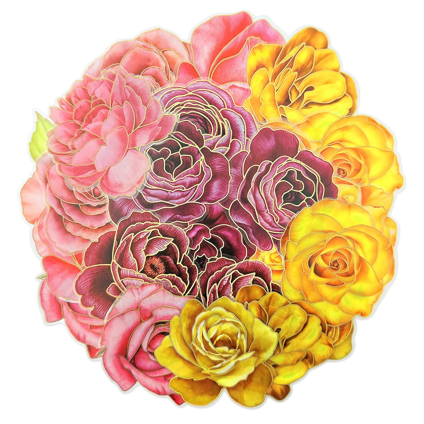 Wrapables PET Floral Stickers with Holographic Outlines for Scrapbooking, Stationery, Journaling, Diary, Card Making Water Bottles, Phones, Laptops (Set of 3), Roses