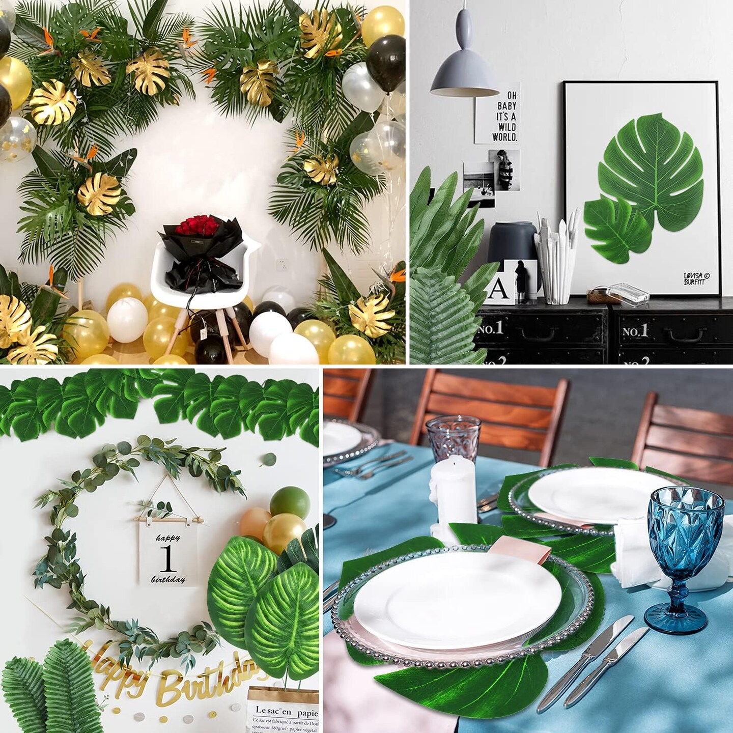 74 Pcs 7 Kinds Artificial Palm Leaves Tropical Fake Leaves, Monstera Leaf for Safari Jungle Hawaiian Dinosaur Luau Party Table Decoration Wedding Birthday Theme Party