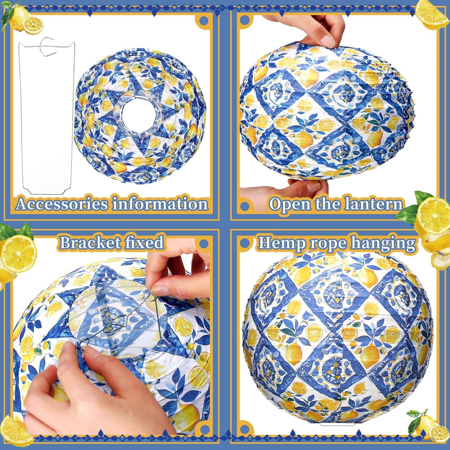 12-Piece 8-Inch Capri Lemon Paper Lanterns – Blue and Yellow Hanging Lanterns for Indoor/Outdoor Lemon-Themed Birthday, Tea Party, Wedding, or Baby Shower Decorations