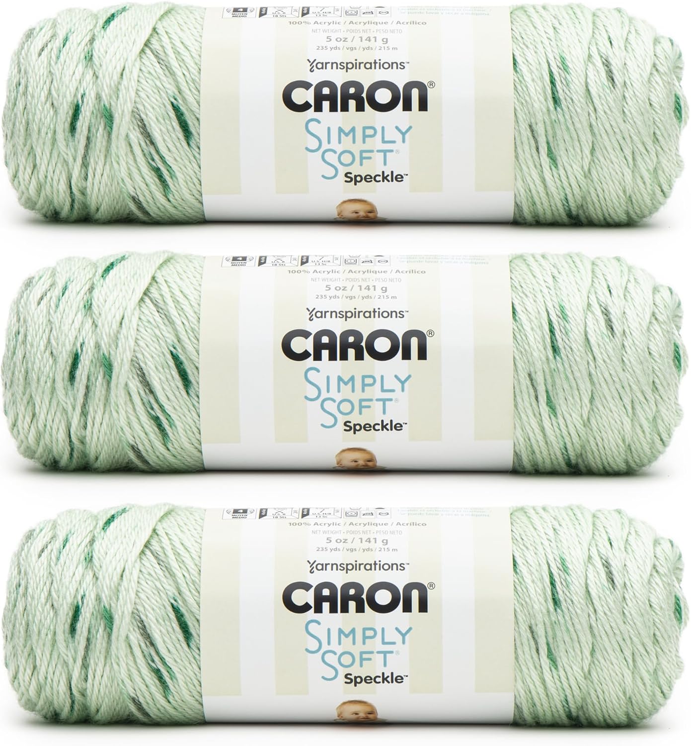 Simply Soft Speckle White Sage Yarn – 3 Pack of 5oz/141g – Acrylic – #4 Worsted (Medium) – 235 Yards – Soft Yarn for Knitting & Crochet