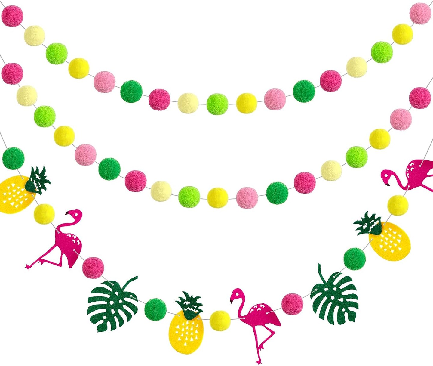 3 Pieces Hawaii Summer Hanging Pompom Ball Garland Tropical Flamingo Pineapple Party Banner Set Aloha Banner Flamingo Flower Garland Banner for Hawaiian