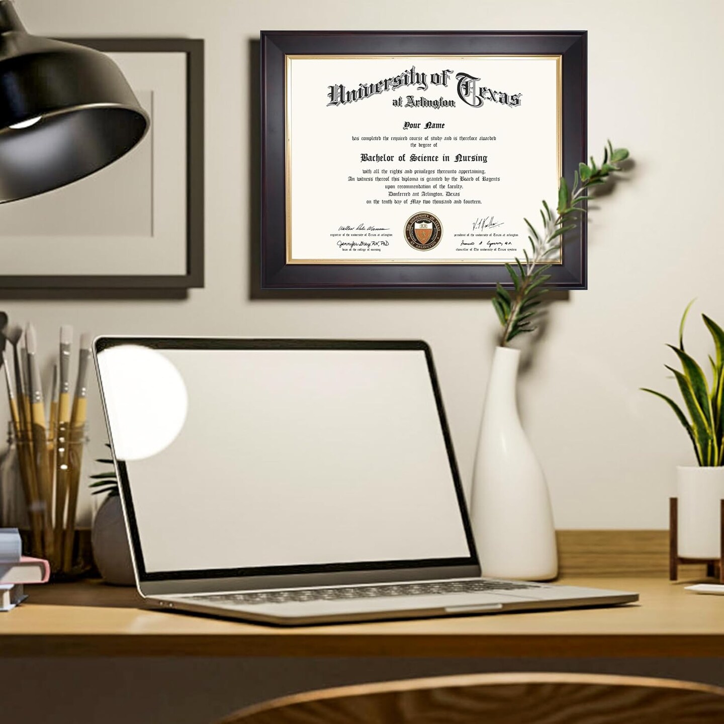 8.5x11 Wood Diploma Frame with Tempered Glass Deep Brown Finish with Gold Trim