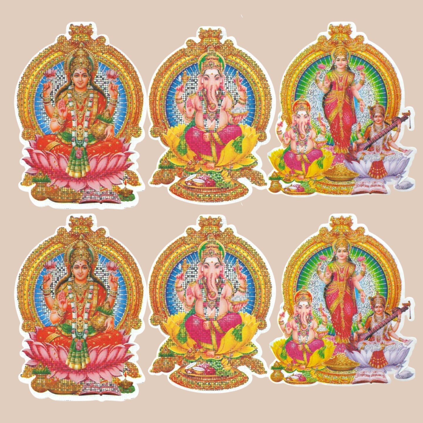 6CT Ganesha Laxmi and Saraswati Wall Sticker Decorative Easy Peel Poster Premium Glitter Effect Pooja Room Wall Sticker Hindu Diwali Decor Indian God Sticker Home Office