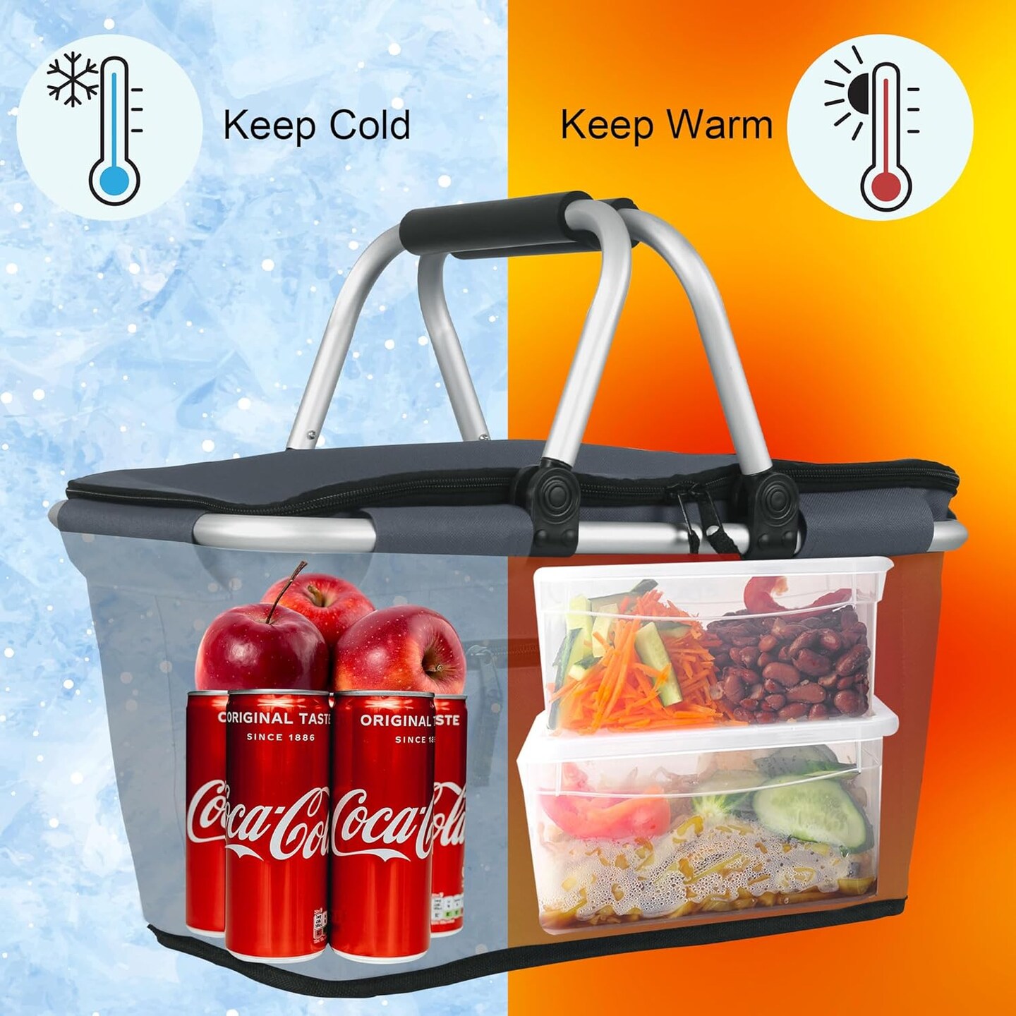 Collapsible Picnic Basket Insulated with Lid 27L Large Capacity Reusable Portable Folding Market Shoping Bag with Handles for Grocery