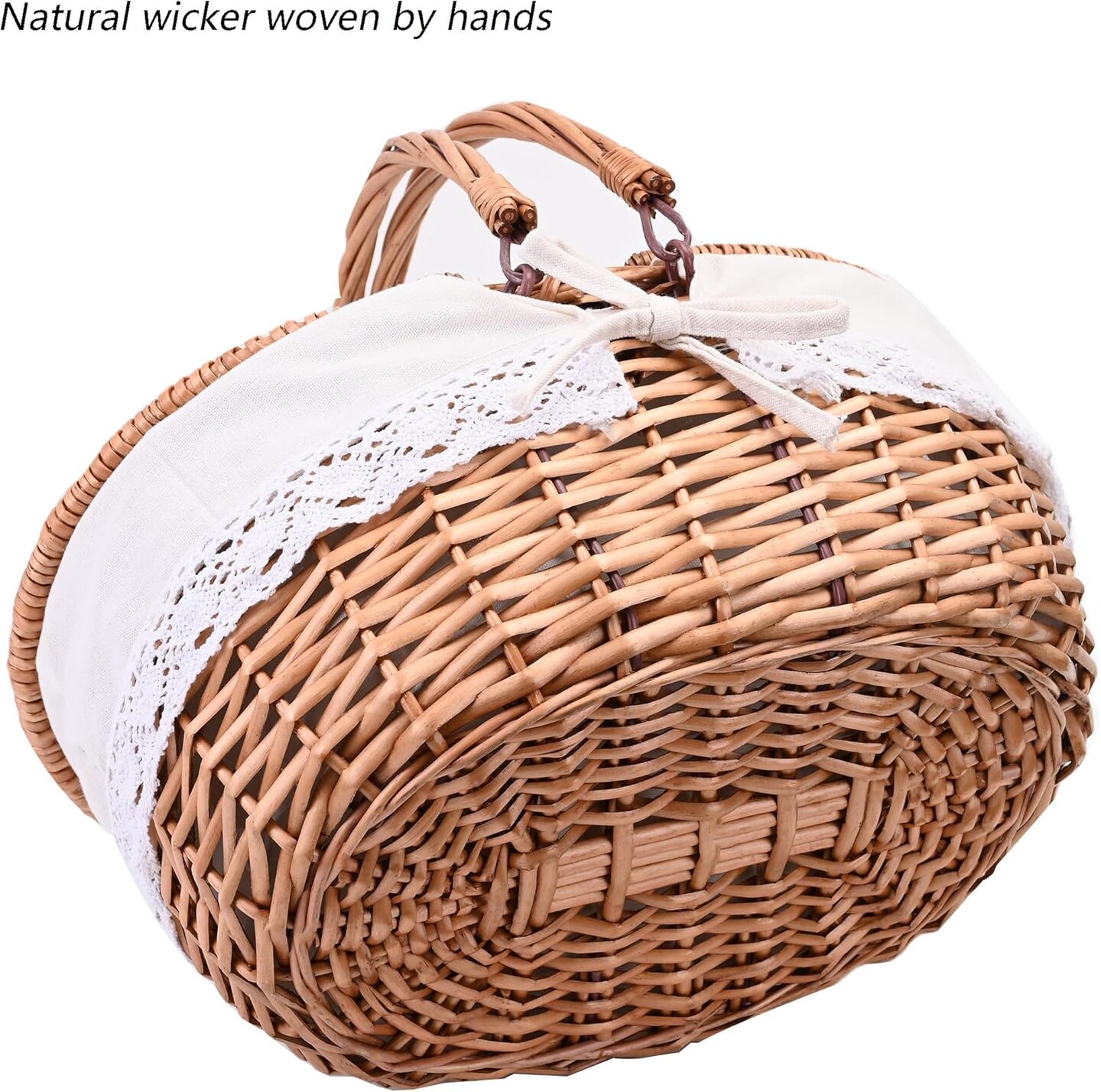 Large 15.4&#x22; Wicker Picnic Basket with Removable Liner Empty Picnic Baskets with Lid, Picnic Hamper with Foldable Handles for Picnic, Natural Color, Large