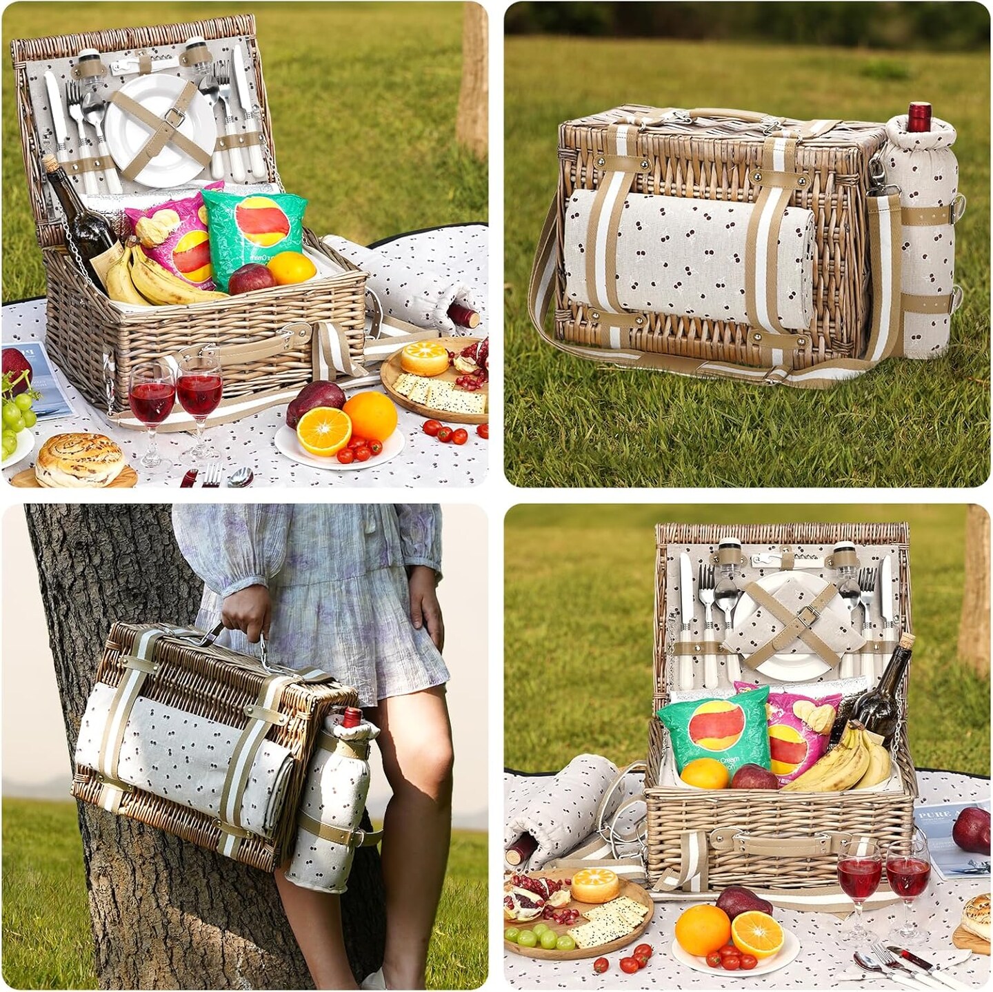 31Pcs Picnic Basket for 4 -Wicker Picnic Set with Waterproof Blanket & Wine Bag| Large Picnic Hamper with Insulated Cooler & Cutlery Kit for Couples Camping,Brown Flower,16x12x7.5inch