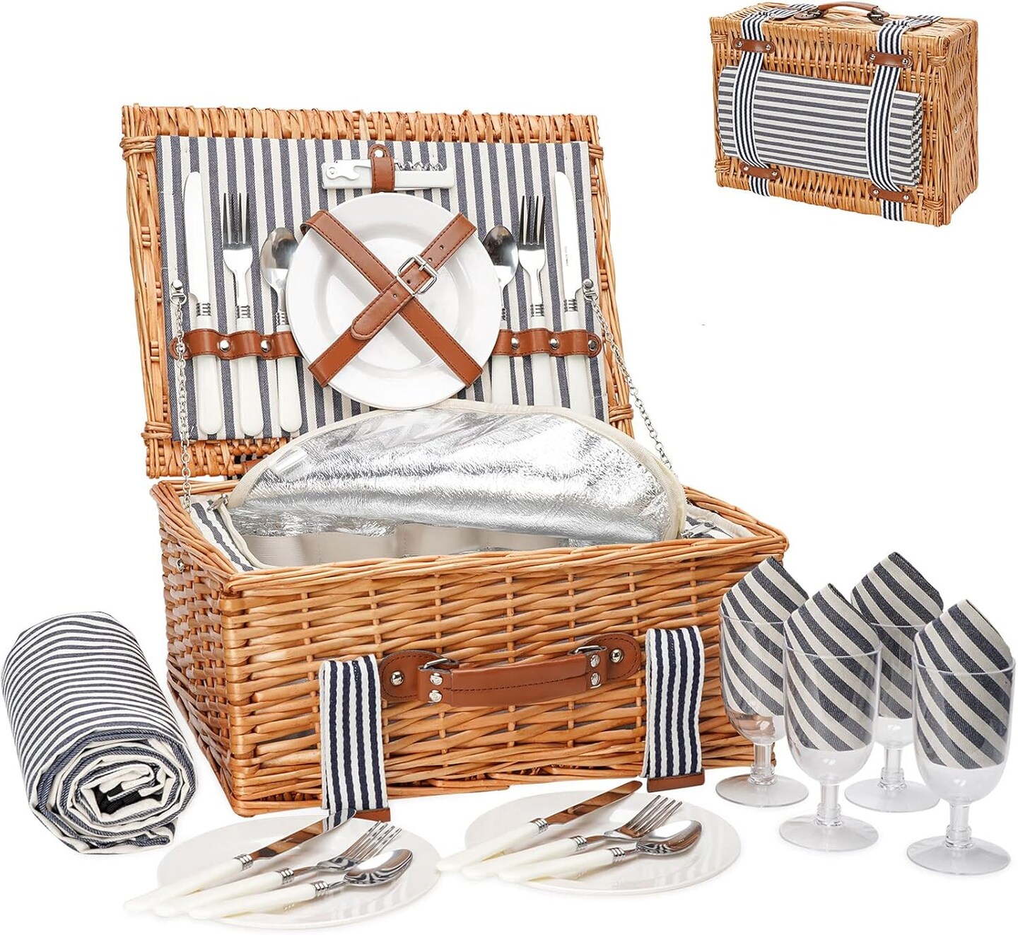 Wicker Picnic Basket Set for 4 Persons with Blanket,Handmade Willow Picnic Basket with Insulated Cooler &#x26; Cutlery Kit, Gift Basket