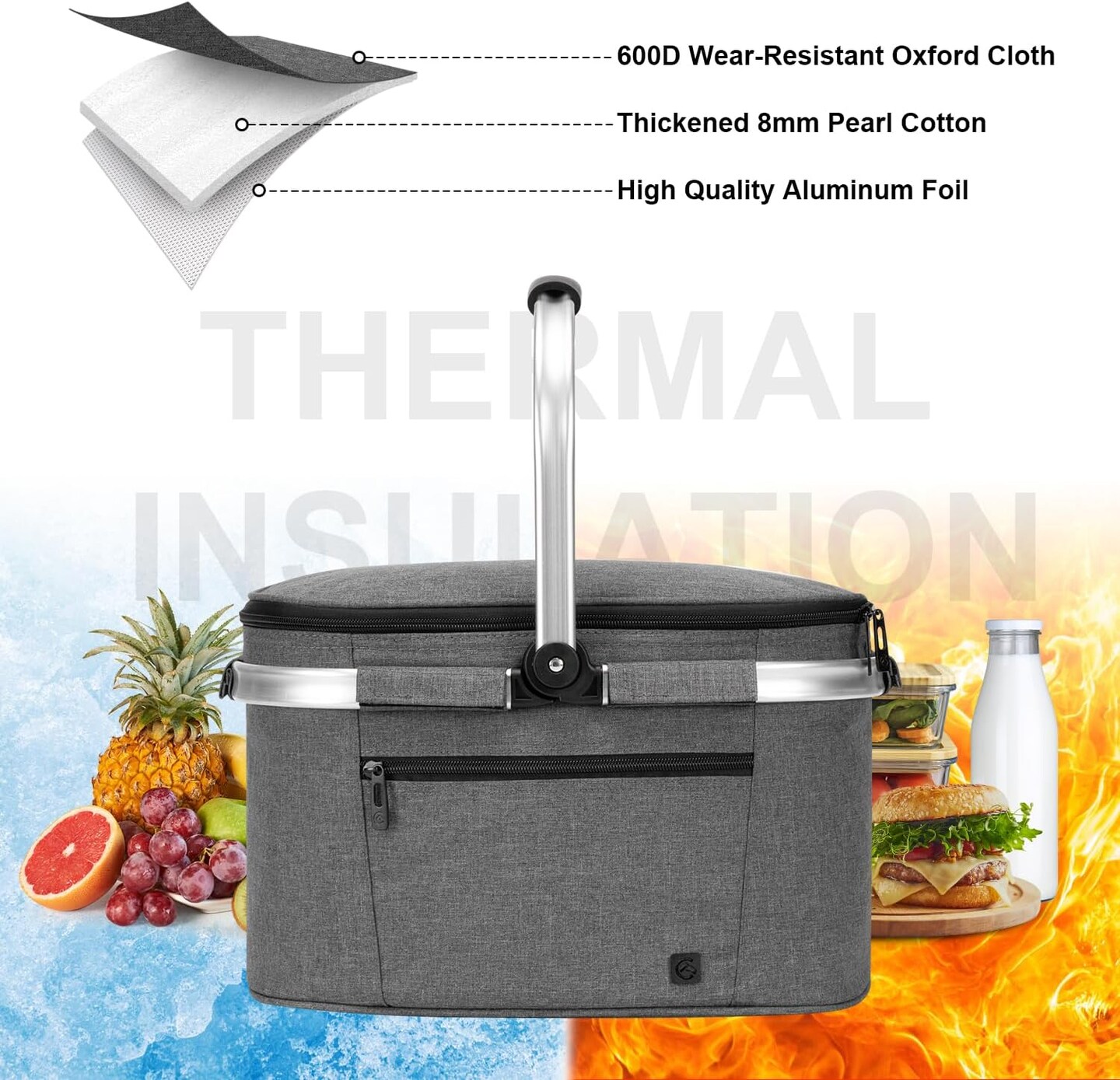 Insulated Cooler Bag Portable Collapsible Picnic Basket Cooler Bag Collapsible, Leakproof, Lightweightwith Sewn in Frame (Medium Gray