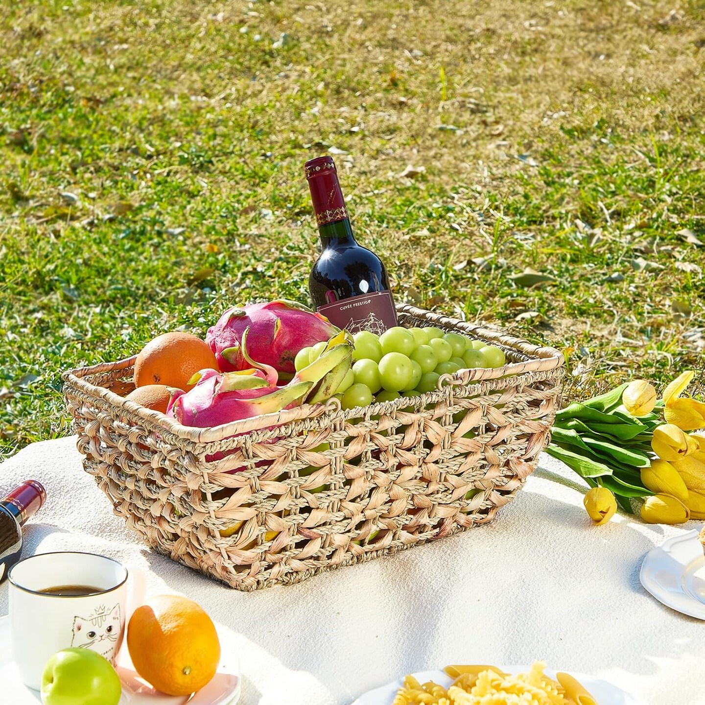Wicker Picnic Basket with Handles, Wicker Baskets with Wooden Base for Picnic, Camping & Storage Basket